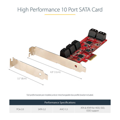 StarTech.com SATA PCIe Card - 10 Port PCIe SATA Expansion Card - 6Gbps - Low/Full Profile - Stacked SATA Connectors - ASM1062 Non-Raid - PCI Express to SATA Converter/Adapter - TAA