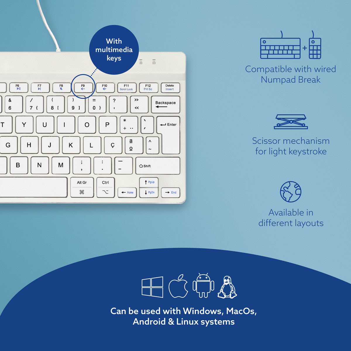 R-Go Tools Ergonomic keyboard R-Go Compact Break, compact keyboard with break software, QWERTY (PT), wired, white