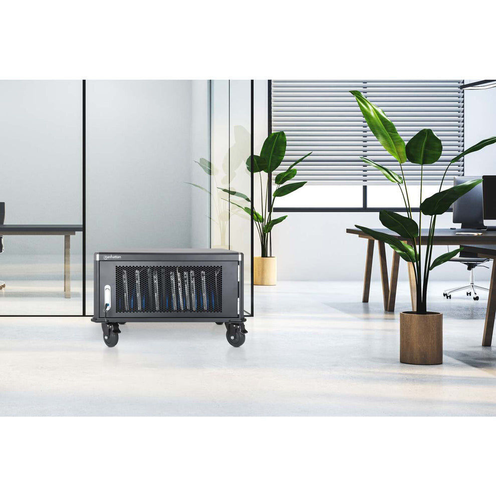 Manhattan Laptop Charging Cart/Trolley via AC Adapter (UK) 20-bay, Install device's AC Adapter (power cables) into unit, Suitable for ALL laptops (to 16"), iPads, MacBooks, Chromebooks, other portable devices, Bays 380x30x280mm, Cabinet, Lockable