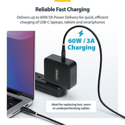 StarTech.com 30cm (1ft) USB-C Charging Cable, 60W (3A) PD, Dual-Layer Braided Nylon/TPE Jacket, Rugged USB C Charging Cord, USB 2.0 Laptop Charger Cable