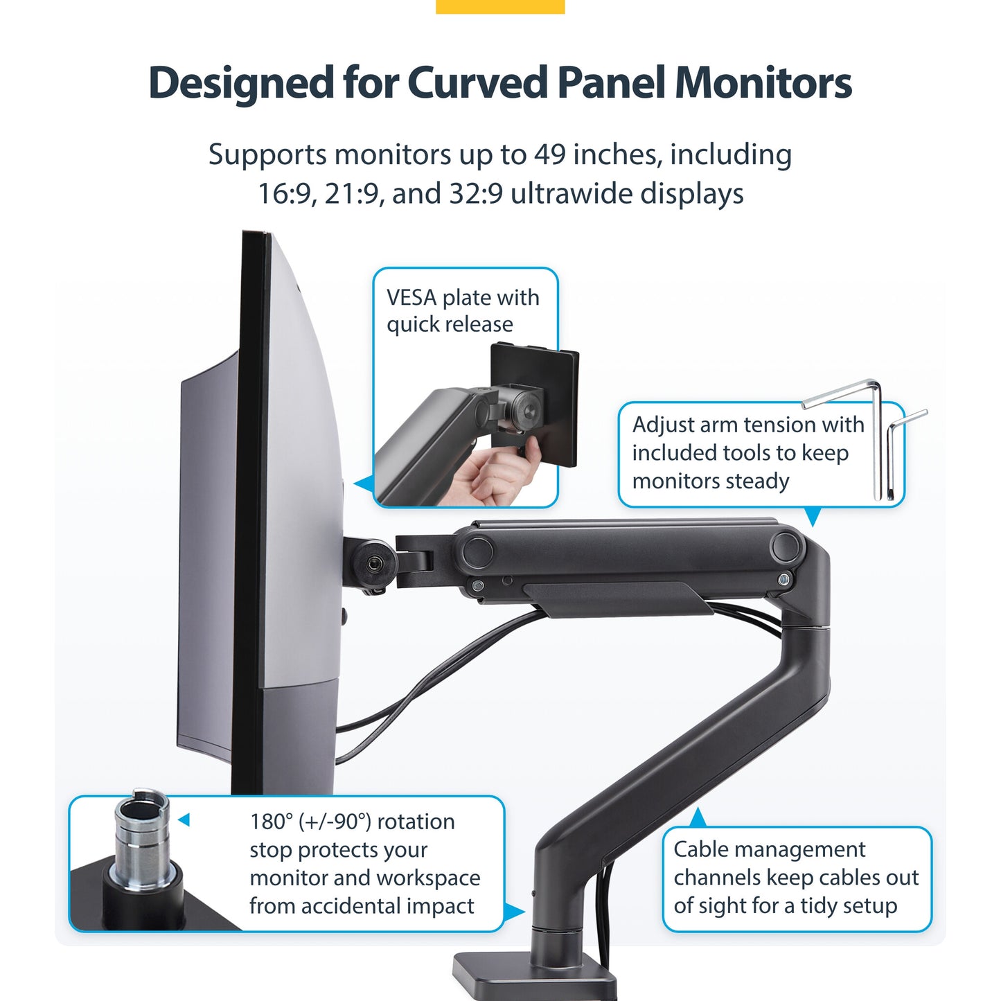 StarTech.com Monitor Desk Mount for up to 49in 32:9 Ultrawide Curved Screens, Mechanical Spring Arm, C-Clamp/Grommet, Tool-Less Adjustment, Max 44lb/20kg
