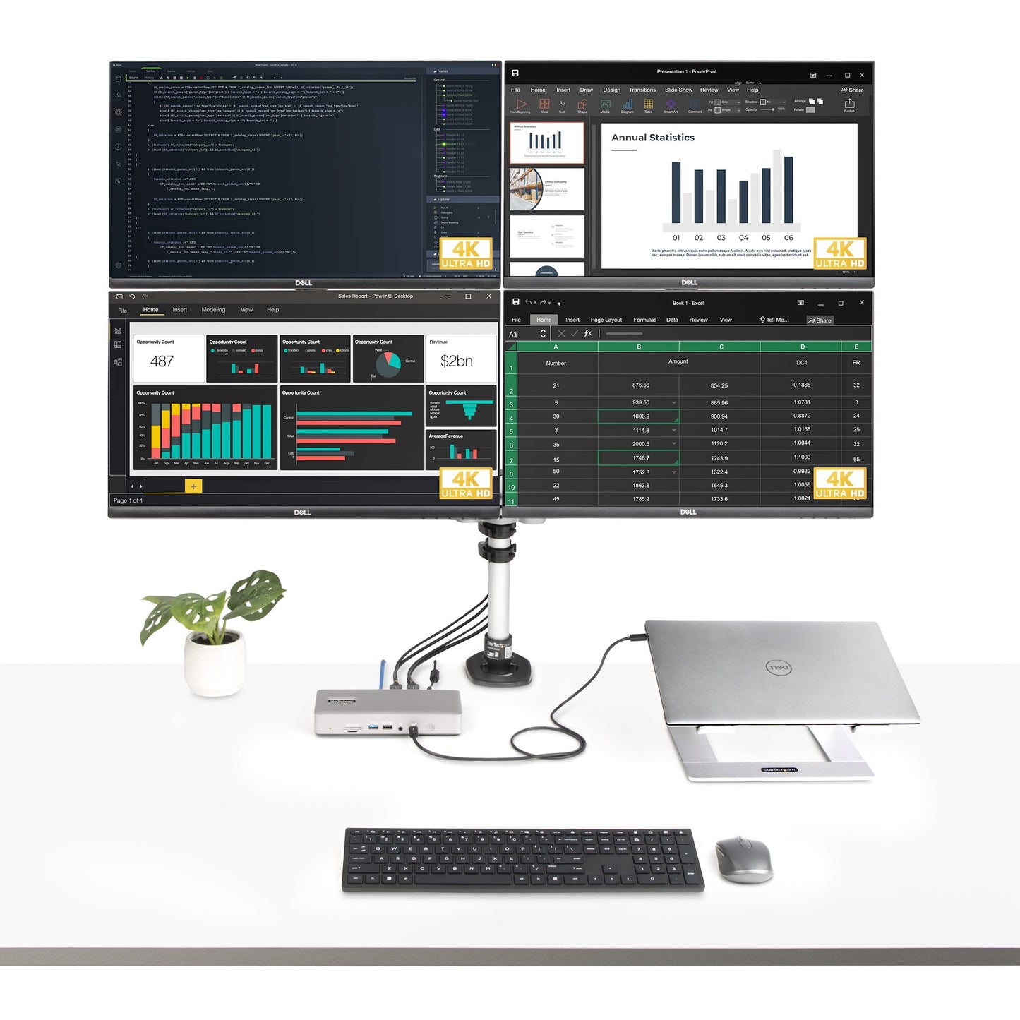 StarTech.com Universal USB4 & Thunderbolt 4 Docking Station, Quad Display on Windows, Dual Display on MacBook, HDMI DP Dock with 100W Laptop Charging