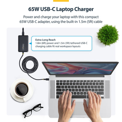 StarTech.com 65W USB-C Laptop Charger, 1.5m Tethered USB-C Cable, Power Adapter Brick for Dell, XPS, HP ProBook, MacBook Pro, Microsoft Surface Pro