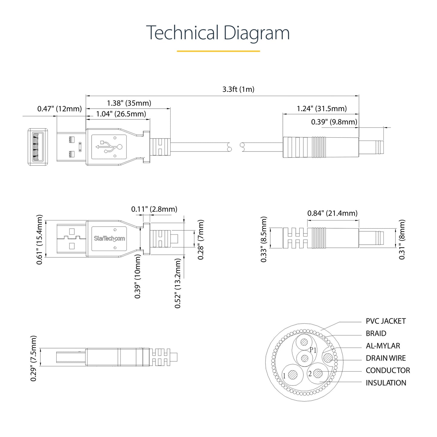 StarTech.com USB to 5.5mm Power Cable - Type N Barrel - 1m