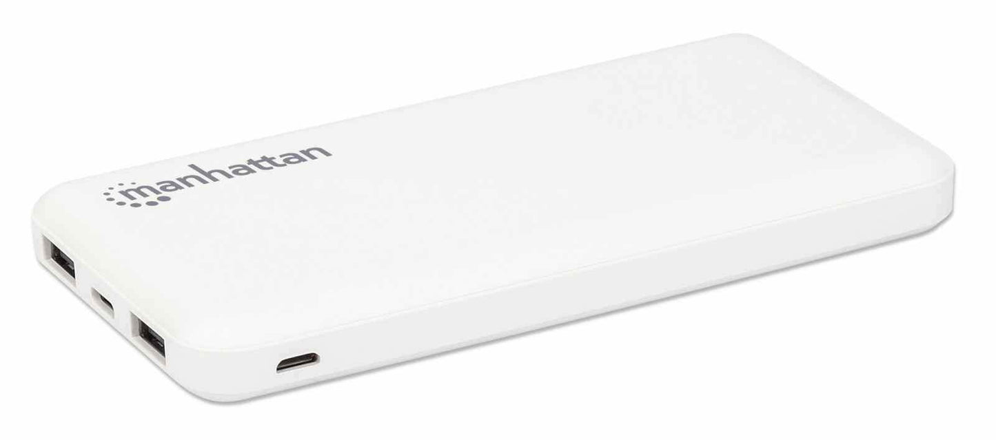 Manhattan Power Bank, 10000 mAh, Output: 2x USB-A (2.1A & 1A), Input: USB-C & Micro-USB (both 2A), White, One Year Warranty, Blister