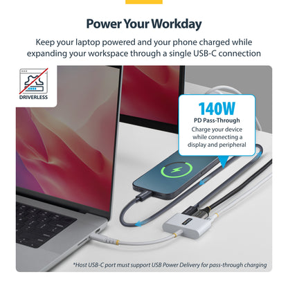 StarTech.com USB-C to HDMI Multiport Adapter with 140W PD Charging, 4K 60Hz HDMI, USB 5Gbps Hub, Mini Dock For MacBook / Dell / Thinkpad / HP / iPad / Tablets