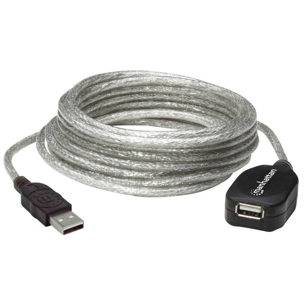 Manhattan USB-A Active Extension Cable, 5m, Male to Female, USB 2.0, 480 Mbps, Hi-Speed USB, Daisy-Chainable, Built-In Repeater, Translucent Silver, Three Year Warranty, Equivalent to USB2AAEXT5M except colour