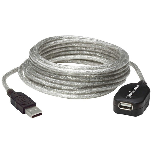 Manhattan USB-A Active Extension Cable, 5m, Male to Female, USB 2.0, 480 Mbps, Hi-Speed USB, Daisy-Chainable, Built-In Repeater, Translucent Silver, Three Year Warranty, Equivalent to USB2AAEXT5M except colour