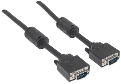 Manhattan VGA Monitor Cable (with Ferrite Cores), 3m, Black, Male to Male, HD15, Cable of higher SVGA Specification (fully compatible), Shielding with Ferrite Cores helps minimise EMI interference for improved video transmission, Lifetime Warranty, Polyba