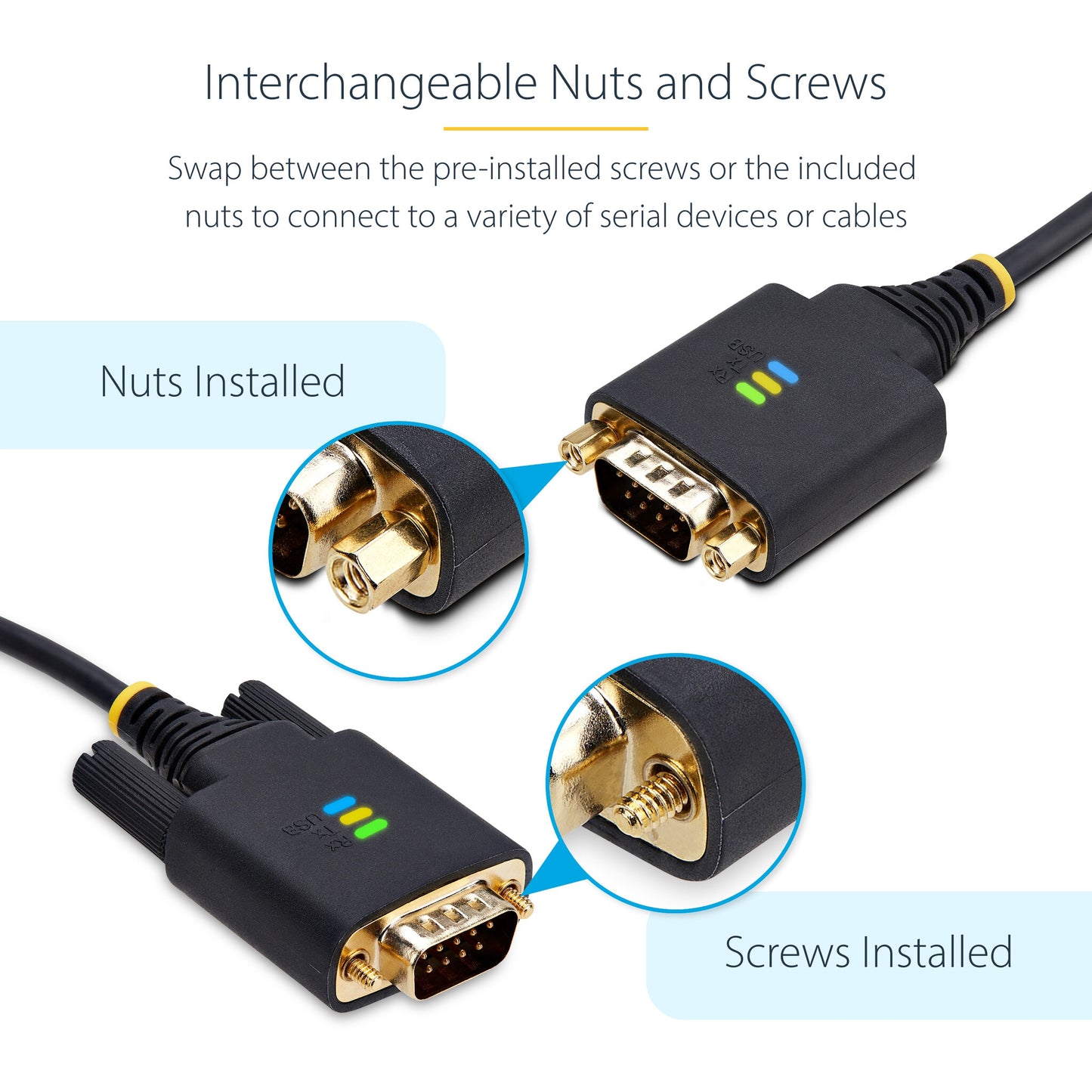 StarTech.com 3.3ft (1m) USB to Serial Adapter Cable, COM Retention, Interchangeable Screws/Nuts, USB-A to DB9 RS232, FTDI IC, ESD Protection, Windows/macOS/Linux
