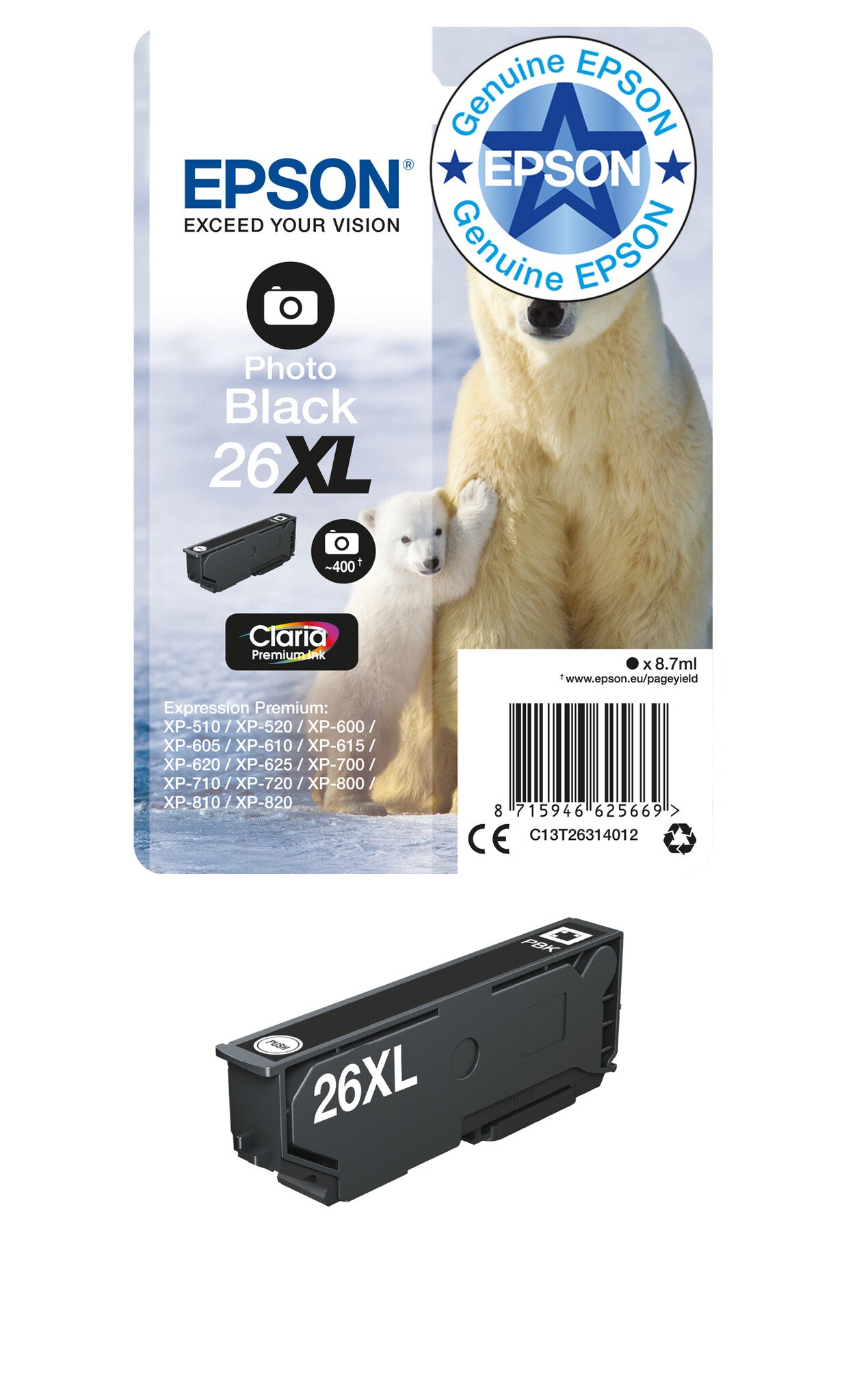 Epson Polar bear 26XL Claria Premium Single Photo Black Ink