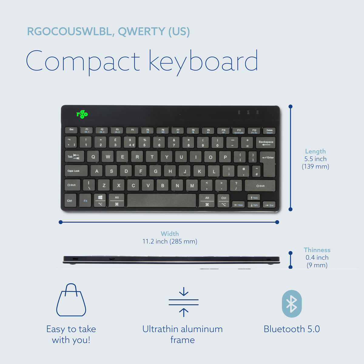 R-Go Tools Ergonomic keyboard R-Go Compact Break, compact keyboard with break software, QWERTY (UK), Bluetooth, black