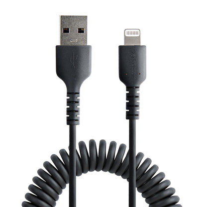 StarTech.com 1m (3ft) USB to Lightning Cable, MFi Certified, Coiled iPhone Charger Cable, Black, Durable TPE Jacket Aramid Fiber, Heavy Duty Coil Lightning Cable