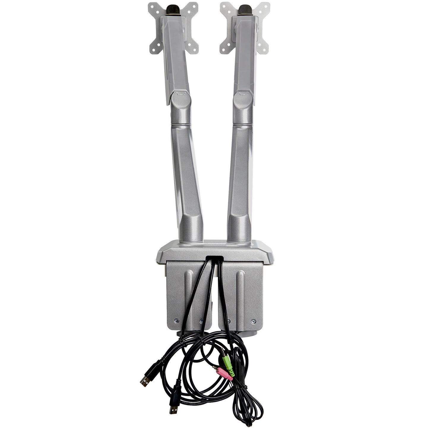 StarTech.com Desk Mount Dual Monitor Arm with USB & Audio, Desk Clamp VESA Mount for up to 32" (17.6lb/8kg) Displays, Ergonomic Full Motion Dual Monitor Arm - Silver