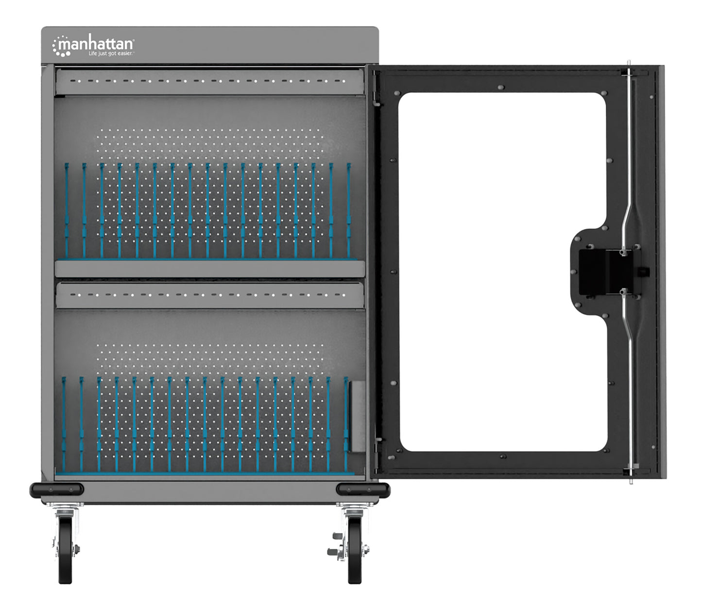 Manhattan iPad to 13", MacBook Air to 15" & Chromebook 15.6" 32-bay Charging Trolley/Cart via USB-C, Also other tablets/smartphones (with device to USB-C cable), Bays 404x27.6x283mm,Device charging cables not included (suggest USB-C cable 354868),Cabinet