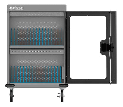 Manhattan iPad to 13", MacBook Air to 15" & Chromebook 15.6" 32-bay Charging Trolley/Cart via USB-C, Also other tablets/smartphones (with device to USB-C cable), Bays 404x27.6x283mm,Device charging cables not included (suggest USB-C cable 354868),Cabinet