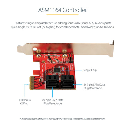 StarTech.com SATA PCIe Card - 4 Port PCIe SATA Expansion Card - 6Gbps - Low/Full Profile - Stacked SATA Connectors - ASM1164 Non-Raid - PCI Express to SATA Converter - TAA