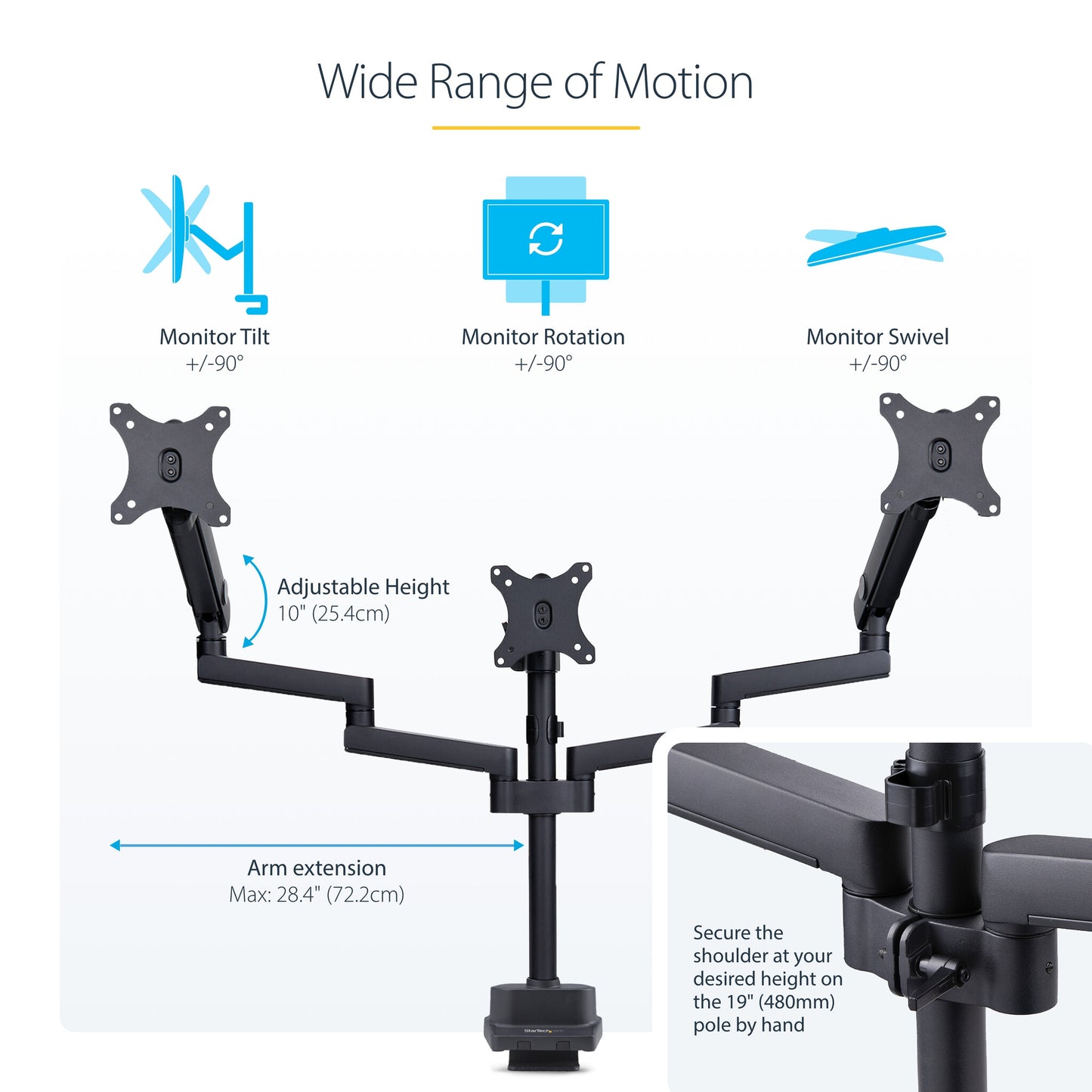 StarTech.com Triple Monitor Desk Mount For Up To Three 27in Screens, VESA 75x75/100x100, Tool-Less Arm Adjustments, C-Clamp/Grommet Mount, Spring-Assisted Arms