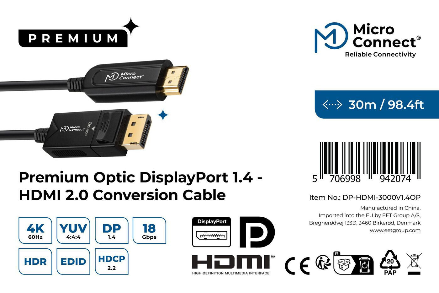 Microconnect DP-HDMI-3000V1.4OP video cable adapter 30 m DisplayPort HDMI Type A (Standard) Black