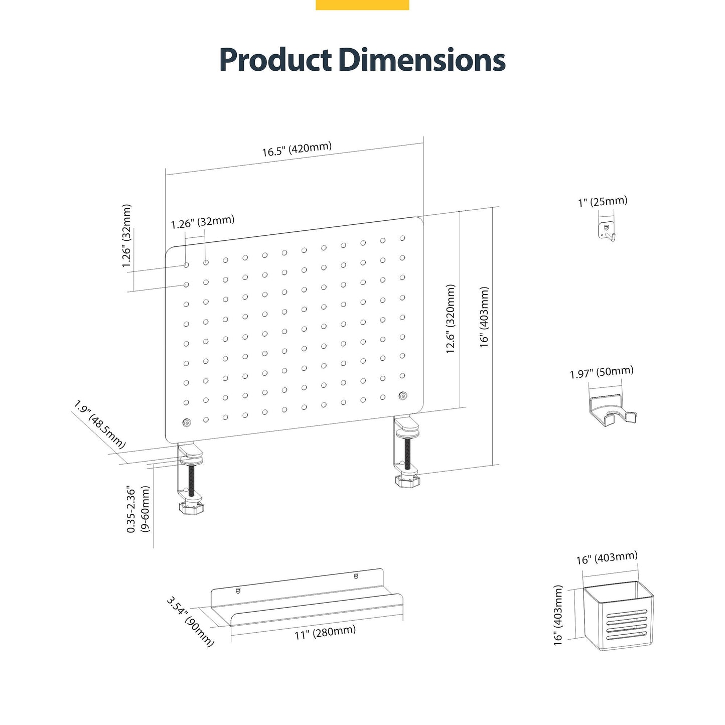 StarTech.com Clamp-On Pegboard with Accessories, 16.5 x 12.5in (42 x 32cm), Steel Pegboard, Desktop Storage Organizer, Desk Mount Peg Board, Black