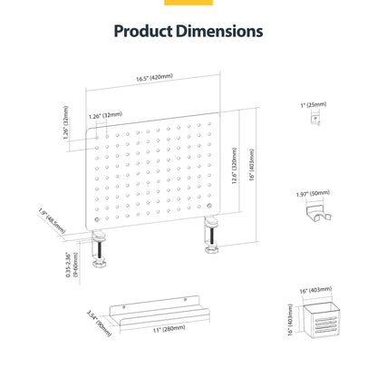 StarTech.com Clamp-On Pegboard with Accessories, 16.5 x 12.5in (42 x 32cm), Steel Pegboard, Desktop Storage Organizer, Desk Mount Peg Board, Black