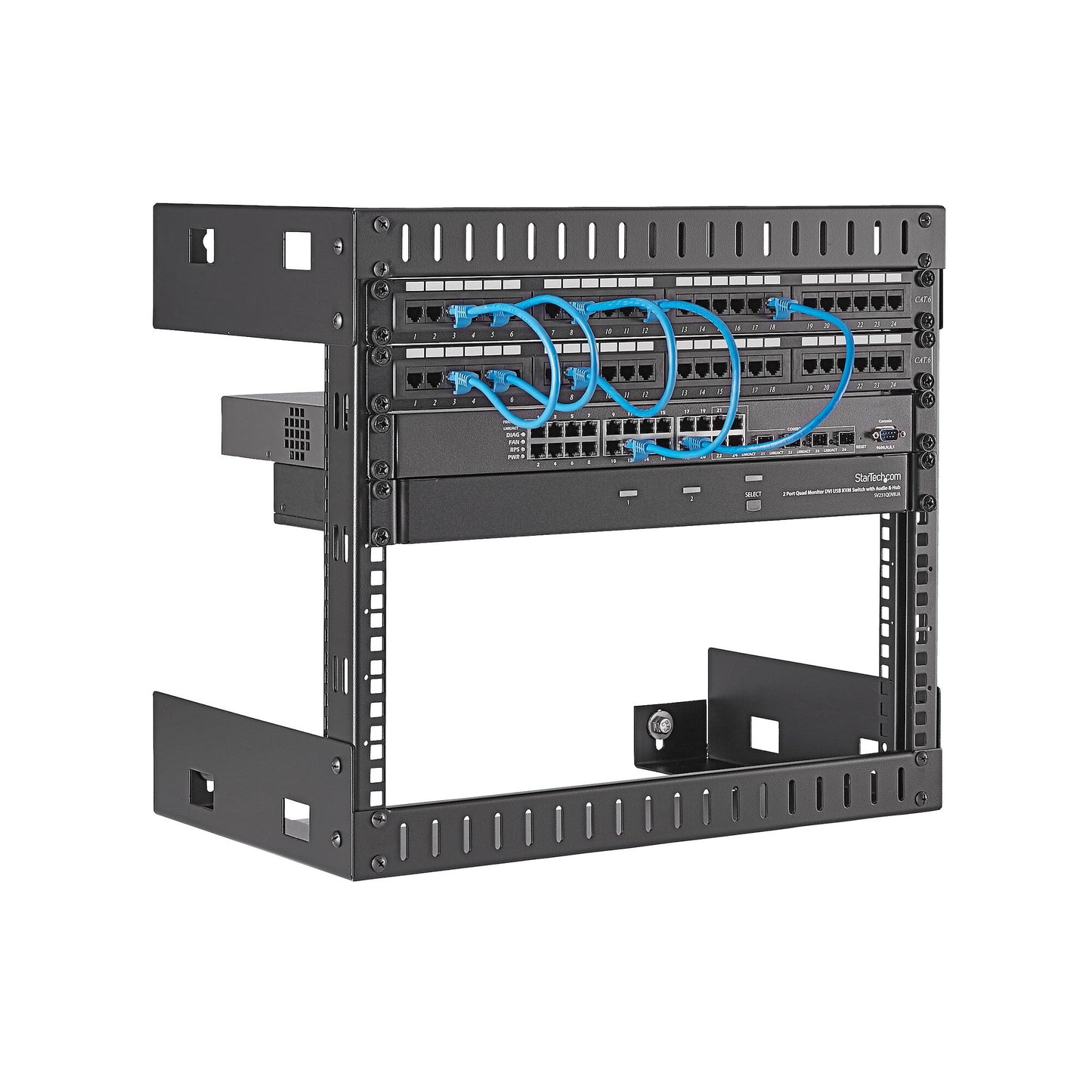 StarTech.com 8U 19" Wall Mount Network Rack - 12" Deep 2 Post Open Frame Server Room Rack for Data/AV/IT/Computer Equipment/Patch Panel with Cage Nuts & Screws 135lb Capacity, Black (RK812WALLO)