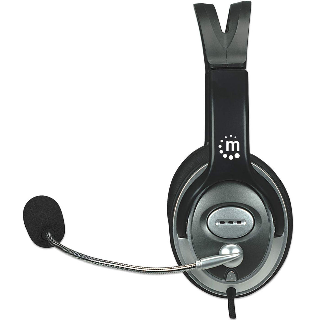 Manhattan Stereo Over-Ear Headset (3.5mm), Microphone Boom (padded), Adjustable Steel Headband, In-Line Volume Control, Ear Cushions, Std 2x 3.5mm stereo jack/plug for audio/mic use, cable 2.5m, 3 Year Warranty