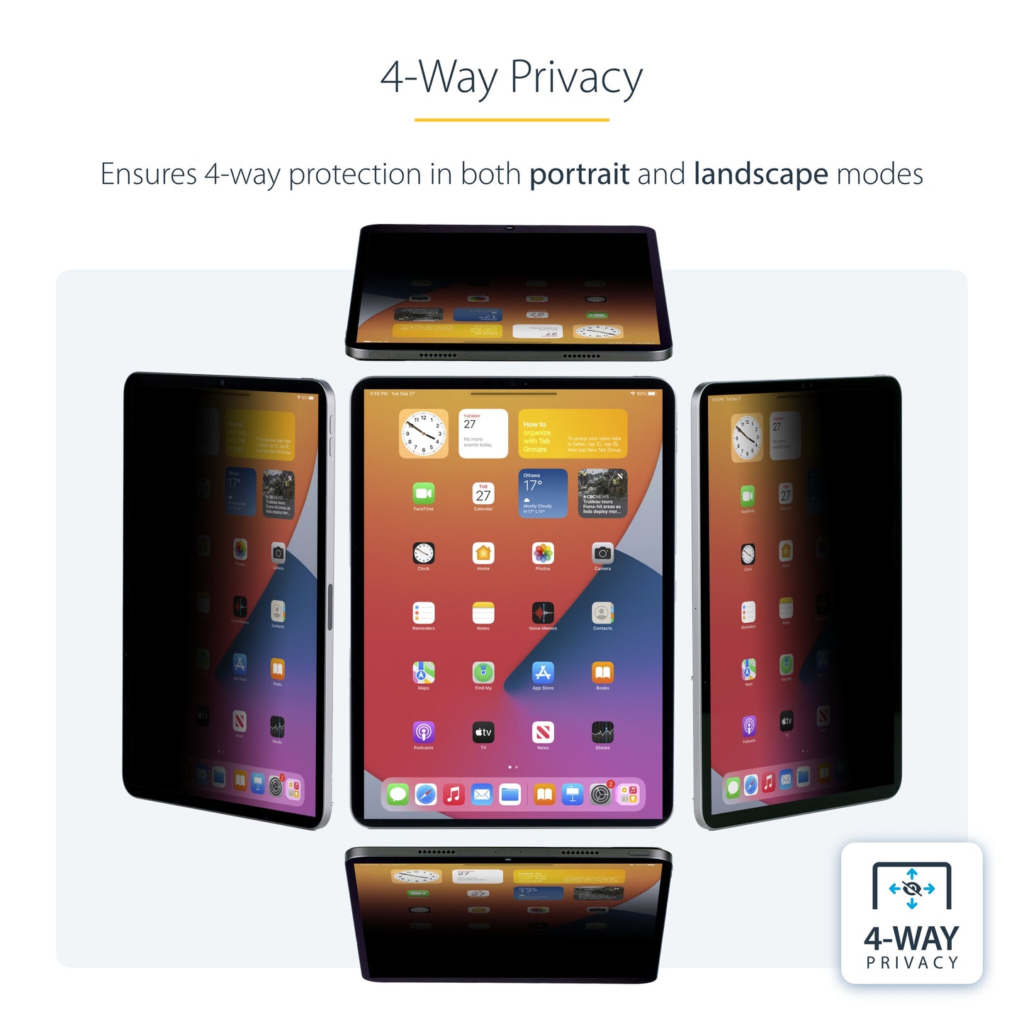 StarTech.com 4-Way Privacy Screen For 12.9-inch iPad Pro, 3rd Gen and Up, For Portrait/Landscape, Touch-Enabled, +/- 30 Deg. View, Blocks up to 51% Blue Light, Matte