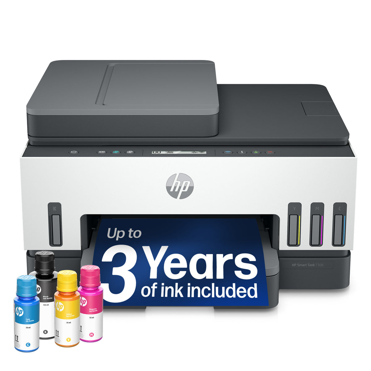 HP Smart Tank 7308 Wireless All-in-One Color Printer, Up to 2 Years of ink included; Two-sided printing; Copier, Scanner
