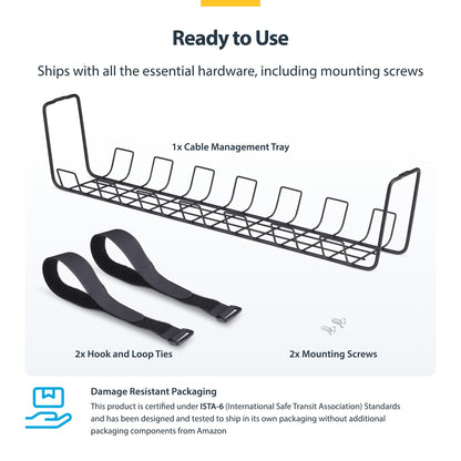 StarTech.com Under Desk Cable Management Tray, 24" Long, Metal Basket Style Cable Organizer, Screw-On Installation, Power Bar Holder, Metal, Black, TAA-Compliant
