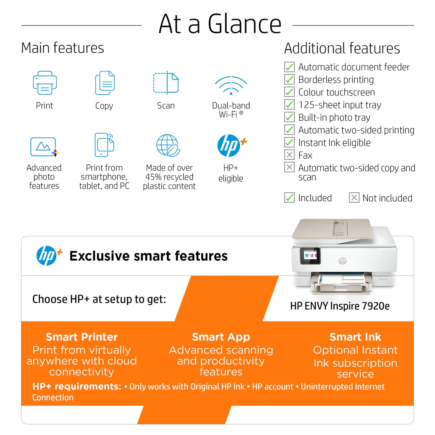 HP ENVY Inspire 7920e Wireless All-in-One Color Printer, Instant Ink; Copier, Scanner