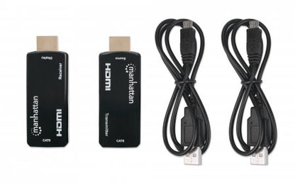 Manhattan 1080p@60Hz Compact HDMI over Ethernet Extender Kit, Extends Distances of Signal up to 60m with a Single Cat6 Ethernet Cable, Transmitter and Receiver included, Power over Cable, Ultra Slim Design, Three Year Warranty, Black