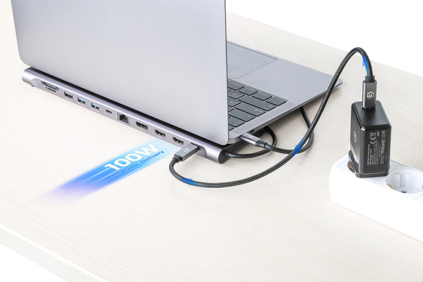 Manhattan USB-C Dock/Hub with Card Reader, Ports (x10): Audio 3.5mm, DisplayPort, Ethernet, HDMI (x2),USB-A (x3) and USB-C (x2),with PD 100W- requires external USB-C charger (not included). USB powered (no external power supply required) when PD is not in