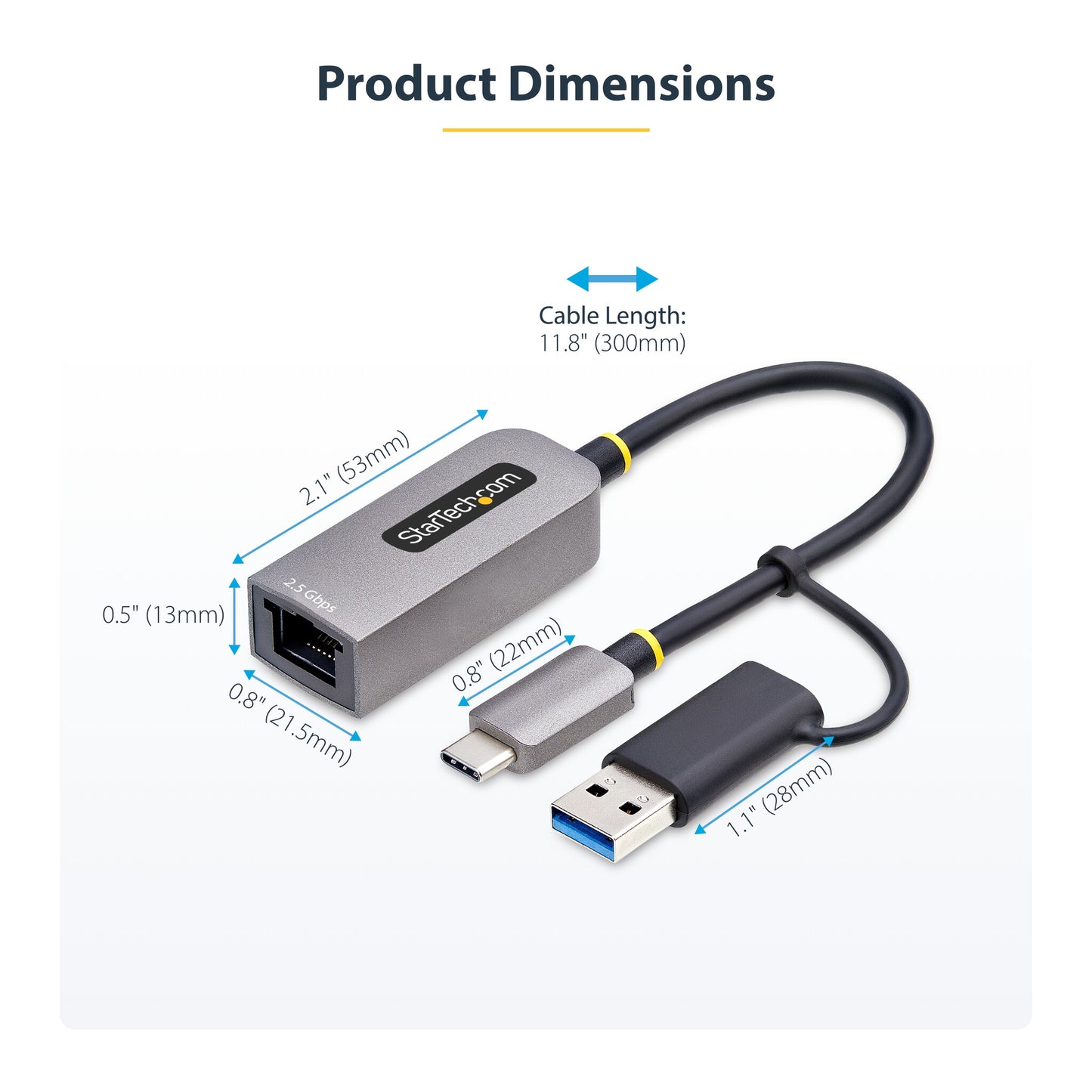 StarTech.com 2.5GbE USB-C to Ethernet Adapter with USB-A Converter, NBASE-T NIC, USB 3.0 Type-C 2.5/1G Multi Speed Network, Thunderbolt Compatible, Windows & Mac