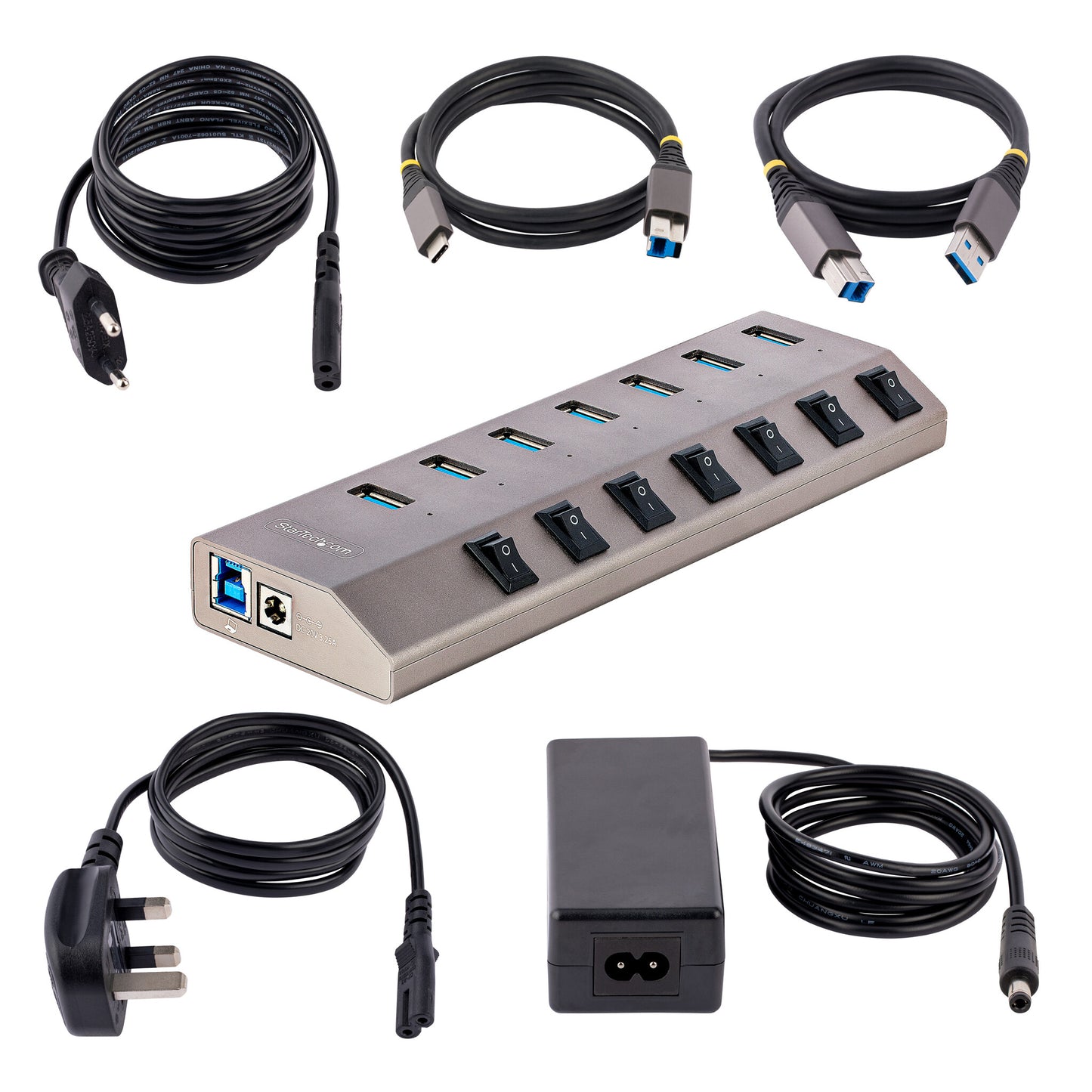 StarTech.com 7 Port Self-Powered USB C Hub with Individual On/Off Switches, USB 3.0 (5Gbps) Expansion Hub with Power Supply, Desktop Laptop USB-C to USB-A Splitter