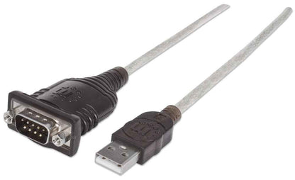 Manhattan USB-A to Serial Converter cable, 1.8m, Male to Male, Serial/RS232/COM/DB9, Prolific PL-2303RA Chip, Black/Silver cable, Three Years Warranty, Polybag