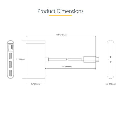 StarTech.com 3-Port USB-C Hub with Ethernet - 3x USB-A - Gigabit Ethernet - USB 3.0 5Gbps - Bus-Powered - 1ft/30cm Long USB Type-C Host Cable - GbE - Portable USB-C to USB-A Hub