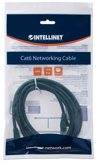 Intellinet Network Patch Cable, Cat6, 3m, Green, CCA, U/UTP, PVC, RJ45, Gold Plated Contacts, Snagless, Booted, Lifetime Warranty