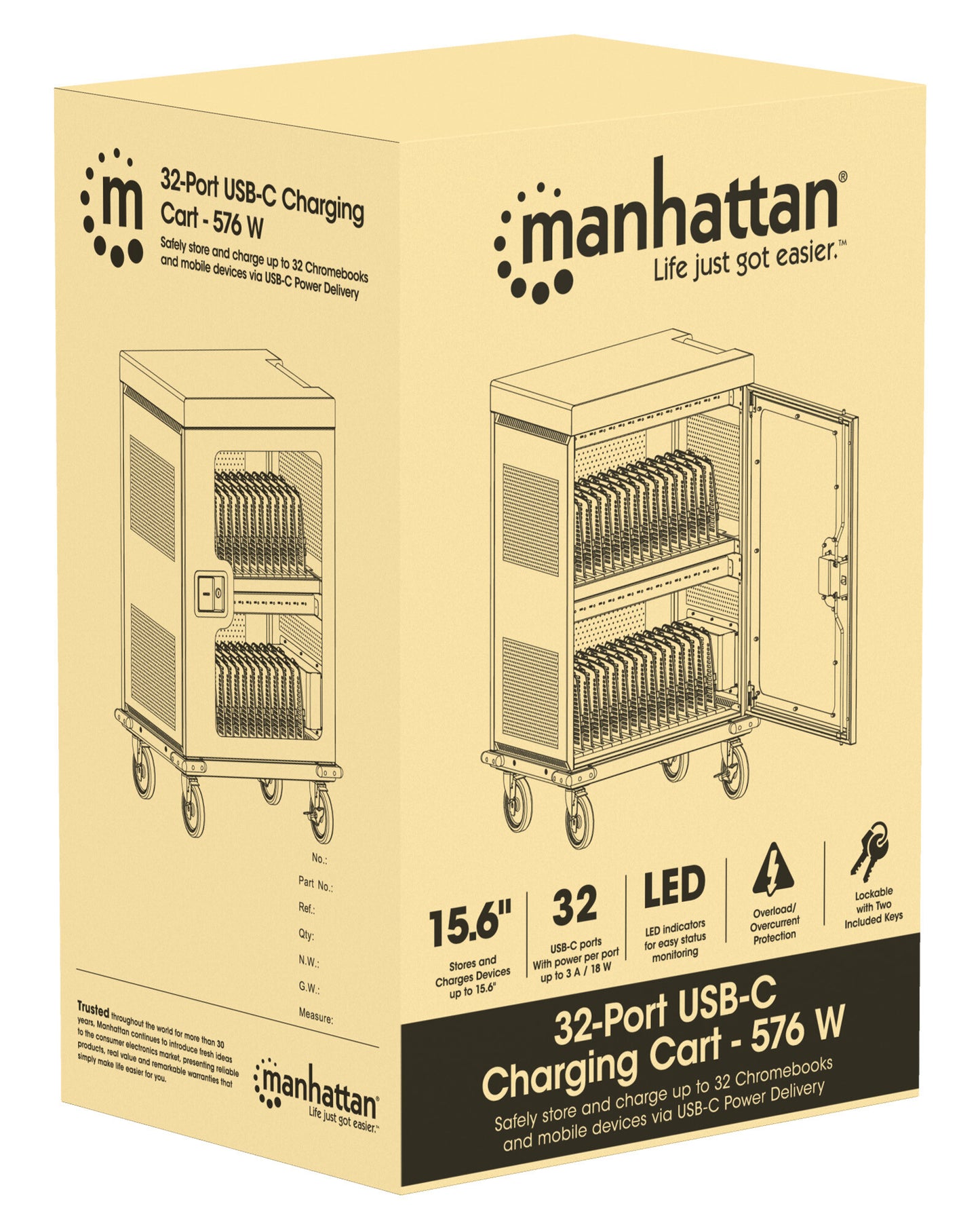 Manhattan iPad to 13", MacBook Air to 15" & Chromebook 15.6" 32-bay Charging Trolley/Cart via USB-C, Also other tablets/smartphones (with device to USB-C cable), Bays 404x27.6x283mm,Device charging cables not included (suggest USB-C cable 354868),Cabinet