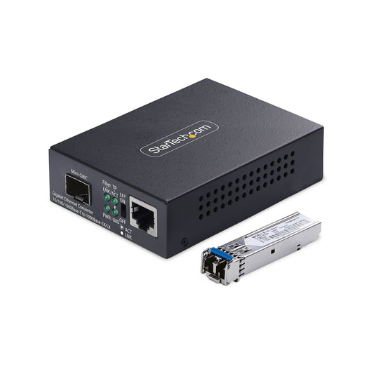 StarTech.com Gigabit Ethernet Copper-to-Fiber Media Converter, SM LC, 20km, 10/100/1000 Mbps, RJ45 to LC, Full Metal, 9K Jumbo Frames, TAA Compliant