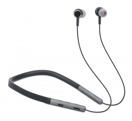 Manhattan Bluetooth In-Ear Headset with Neckband, Microphone, Integrated Controls, Sweatproof, Noise Isolating, 5 hour usage time, Max Range 10m, MicroSD Card slot, Bluetooth v5.0, USB-A charging cable included, Three Year Warranty