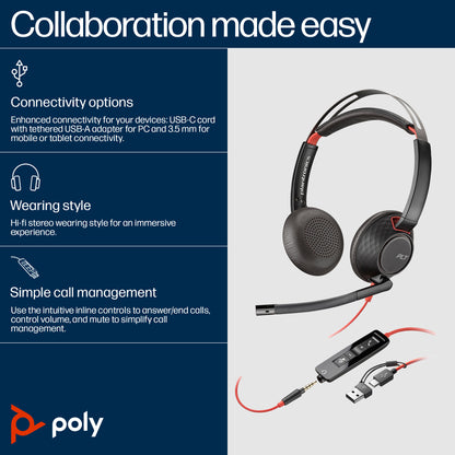 HP Poly Blackwire 5220 Stereo USB-C Headset +3.5mm Plug +USB-C/A Adapter (Bulk)