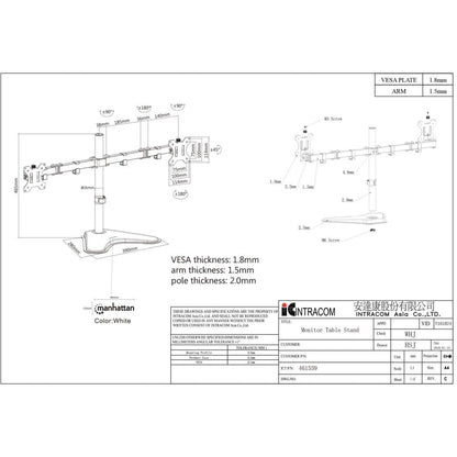 Manhattan TV & Monitor Mount, Desk, Double-Link Arms, 2 screens, Screen Sizes: 10-27", Black, Stand Assembly, Dual Screen, VESA 75x75 to 100x100mm, Max 8kg (each), Lifetime Warranty