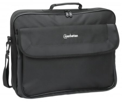 Manhattan Cambridge Laptop Bag 17.3", Clamshell Design, Black, LOW COST, Accessories Pocket, Document Compartment on Back, Shoulder Strap (removable), Equivalent to Targus CN418EU, Notebook Case, Three Year Warranty