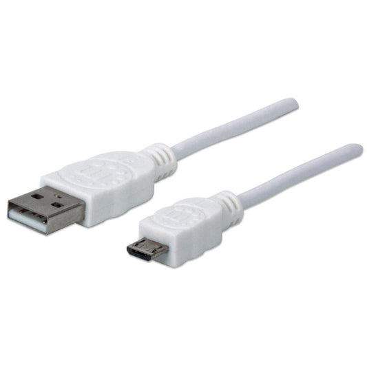 Manhattan USB-A to Micro-USB Cable, 1.8m, USB 2.0, 480 Mbps, Hi-Speed USB, White, Lifetime Warranty, Equivalent to USBPAUB2MW except 20cm shorter