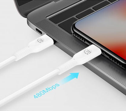 Manhattan USB-C to Lightning Cable, Charge & Sync, 2m, White, For Apple iPhone/iPad/iPod, Male to Male, MFi Certified (Apple approval program), 480 Mbps (USB 2.0), Hi-Speed USB, Lifetime Warranty