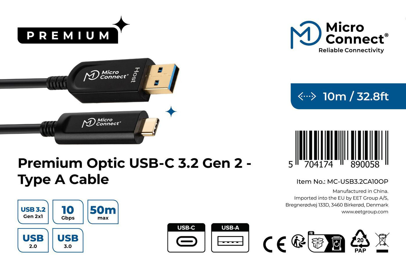 Microconnect MC-USB3.2CA10OP USB cable USB 3.2 Gen 2 (3.1 Gen 2) 10 m USB A USB C Black