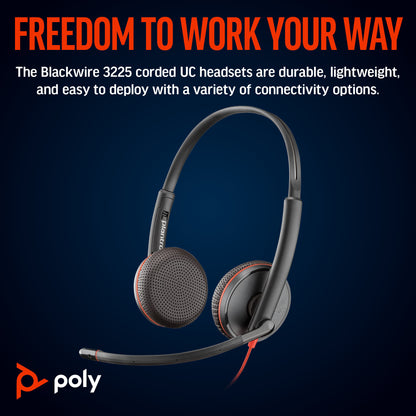 Poly Blackwire 3225 Stereo USB-C Headset +3.5mm Plug +USB-C/A Adapter (Bulk)