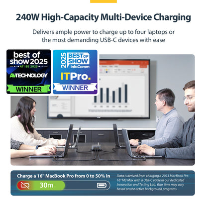StarTech.com 4-Port Multi-Device USB-C Charger, 240W Total, Single Port 140W EPR, PD 3.1, Screw Locking Ports, Boardrooms, Bracket incl. for Surface Mounting