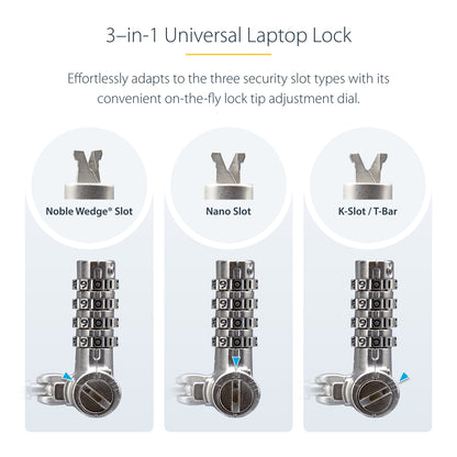 StarTech.com Universal Laptop Lock 6.6ft (2m), Security Cable For Notebook Compatible With Noble Wedge®/Nano/K-Slot; Keyless Combination Locking Cable, Anti-Theft Cut-Resistant Steel Cable